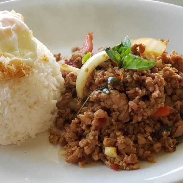 Pad Kaprow Kai Dow Over Rice.